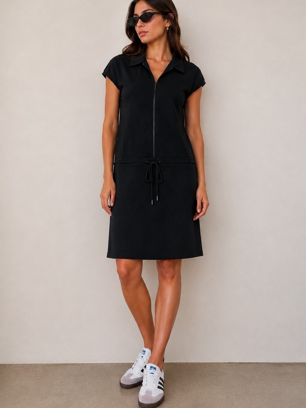 Minimalist Black Drop Waist Polo Dress Drawstring Casual Sporty Chic Size L
